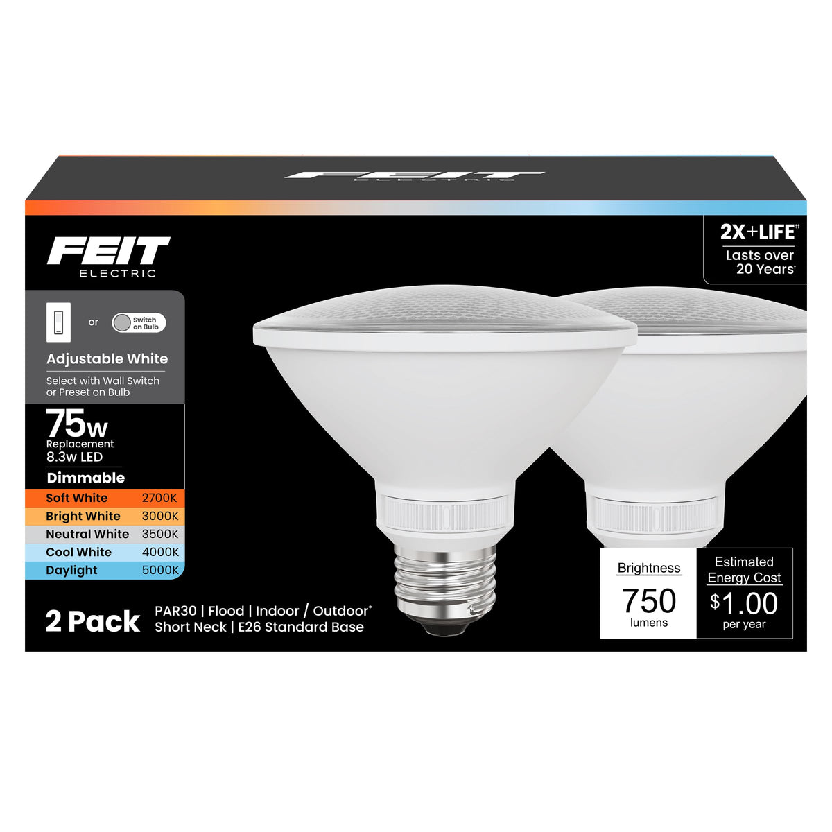 Feit Electric Enhance PAR30 short-neck bulb demonstrates adjustable color temperature for versatile room lighting