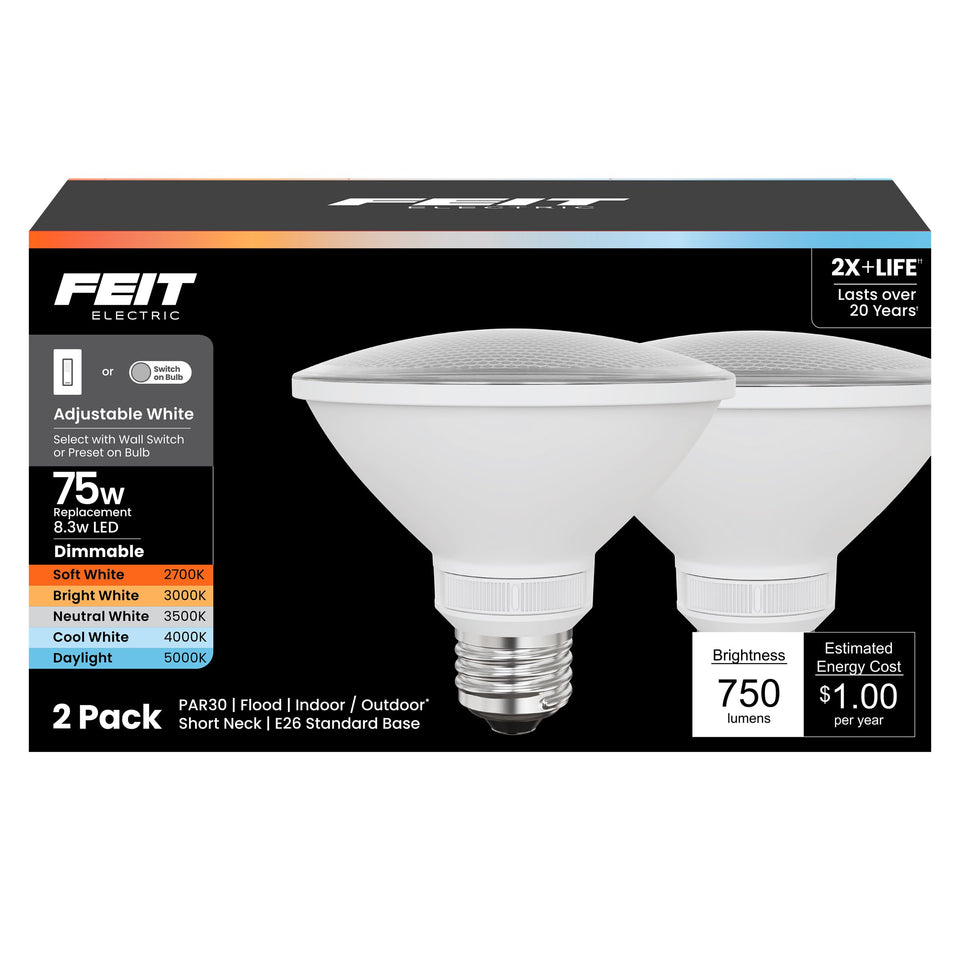 Feit Electric Enhance PAR30 short-neck bulb demonstrates adjustable color temperature for versatile room lighting