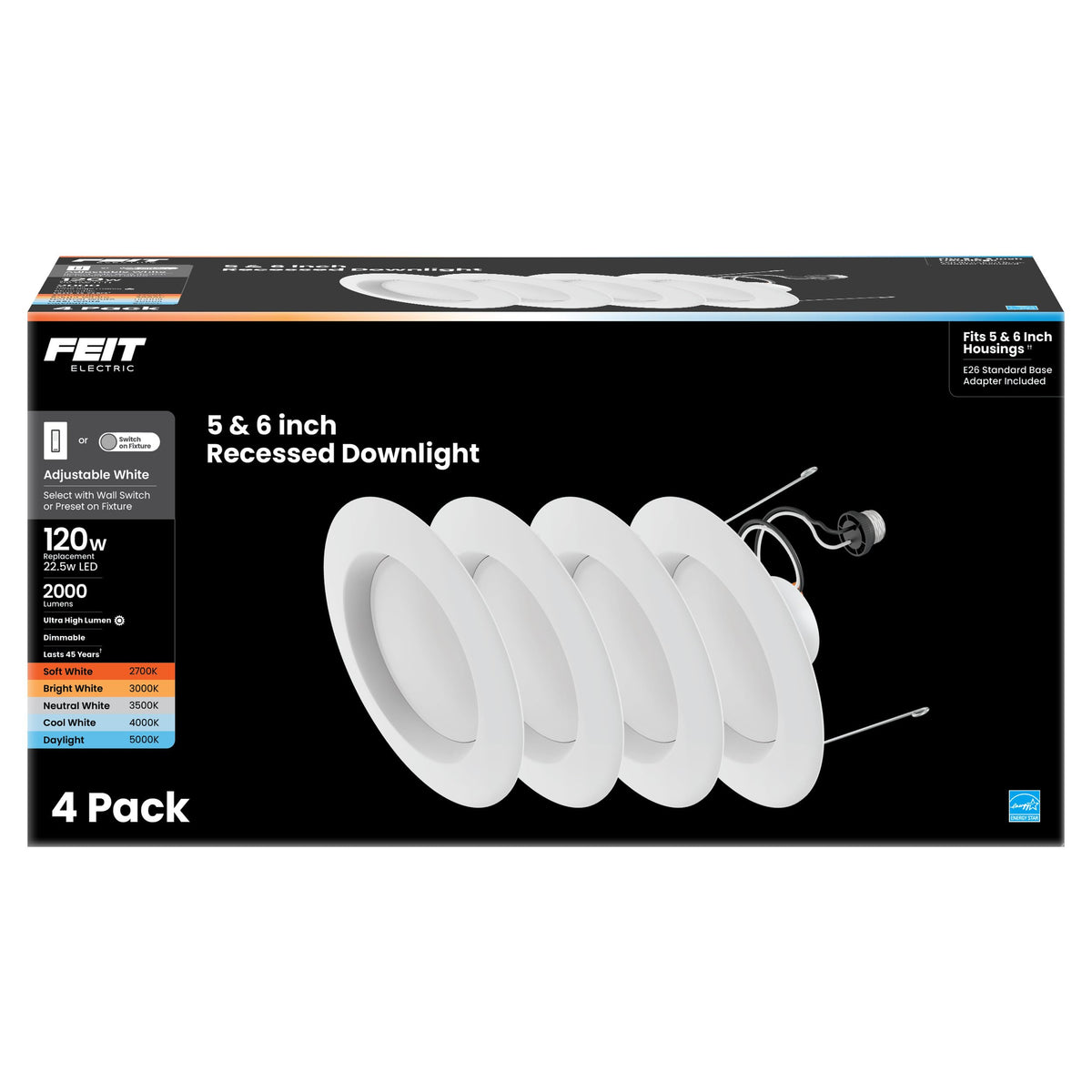 Feit Electric adjustable white downlight showing 2700K–5000K range for versatile rooms