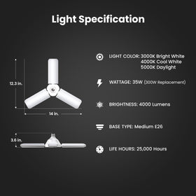 Feit Electric LED Garage Light showing rotating panels for directional lighting