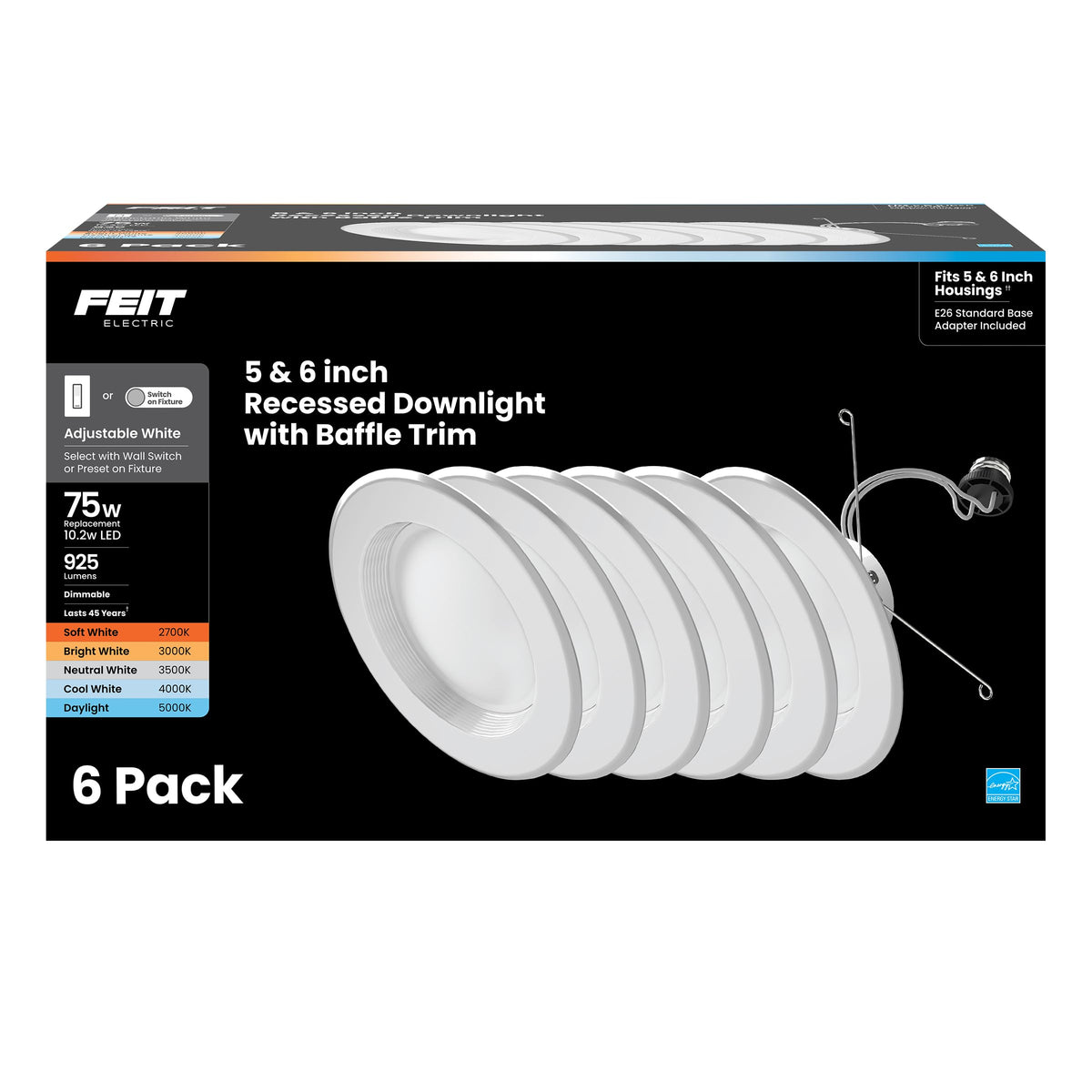 Feit Electric LED recessed retrofit kit 6-pack for quick ceiling upgrades.