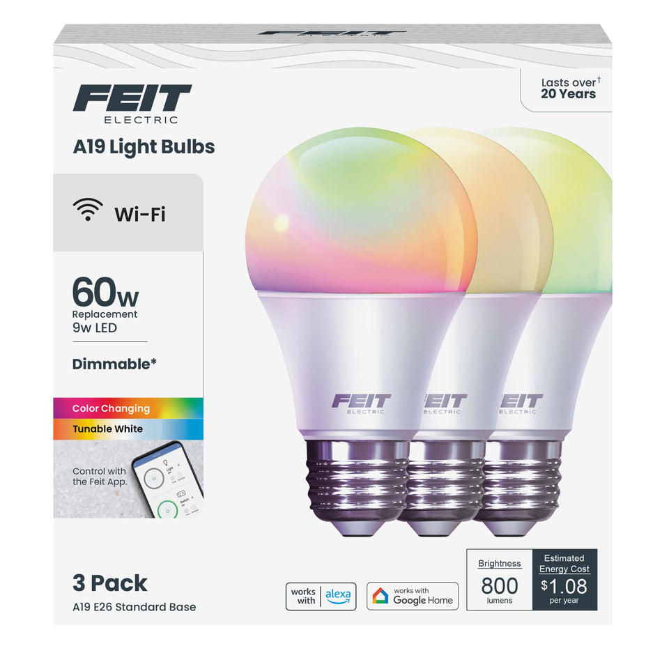 Feit Electric OM60 RGBW bulb displaying color-changing mode for vibrant ambiance.