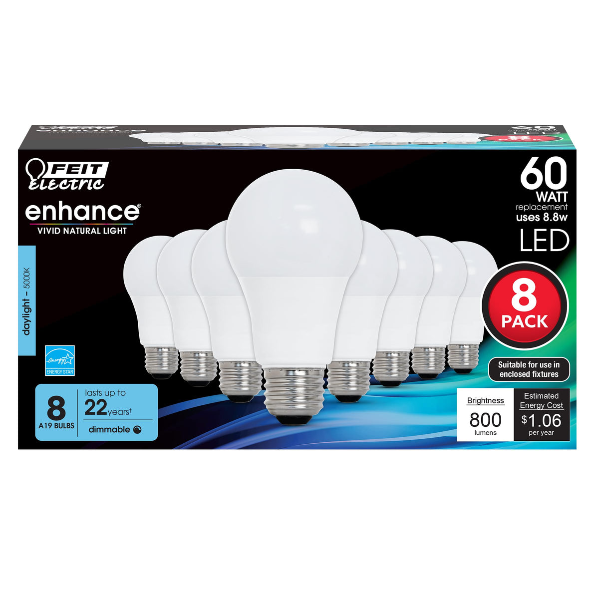 Feit Electric OM60DM 8-pack daylight bulbs in lamp offer vibrant color and energy savings.