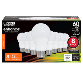Feit Electric OM60DM eight-pack LED bulbs on a store shelf highlighting energy efficiency.