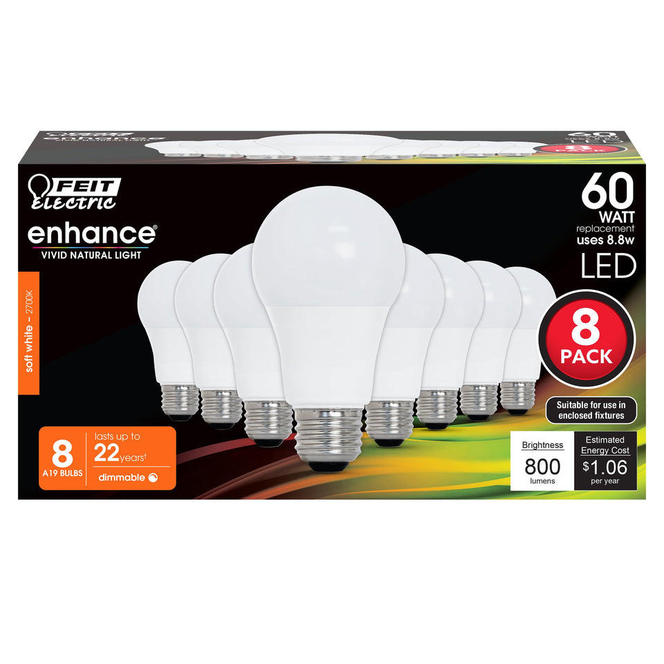Feit Electric OM60DM eight-pack LED bulbs on a store shelf highlighting energy efficiency.