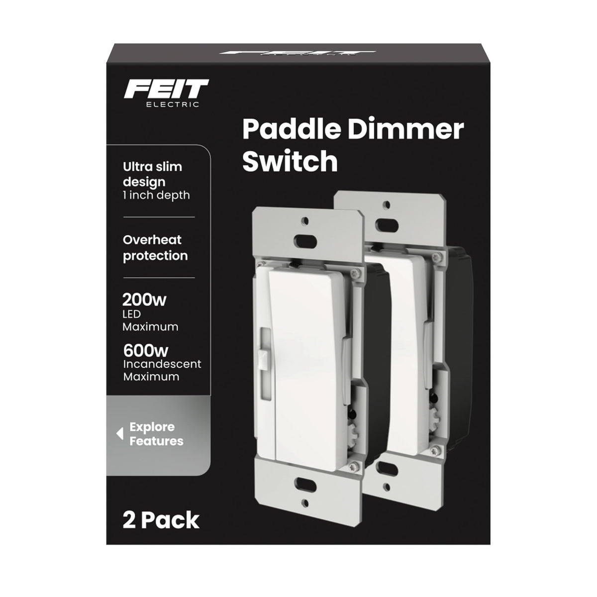 Feit Electric paddle dimmer 2-pack with stylish wall plate for easy light control