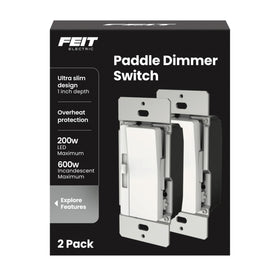 Feit Electric paddle dimmer 2-pack with stylish wall plate for easy light control