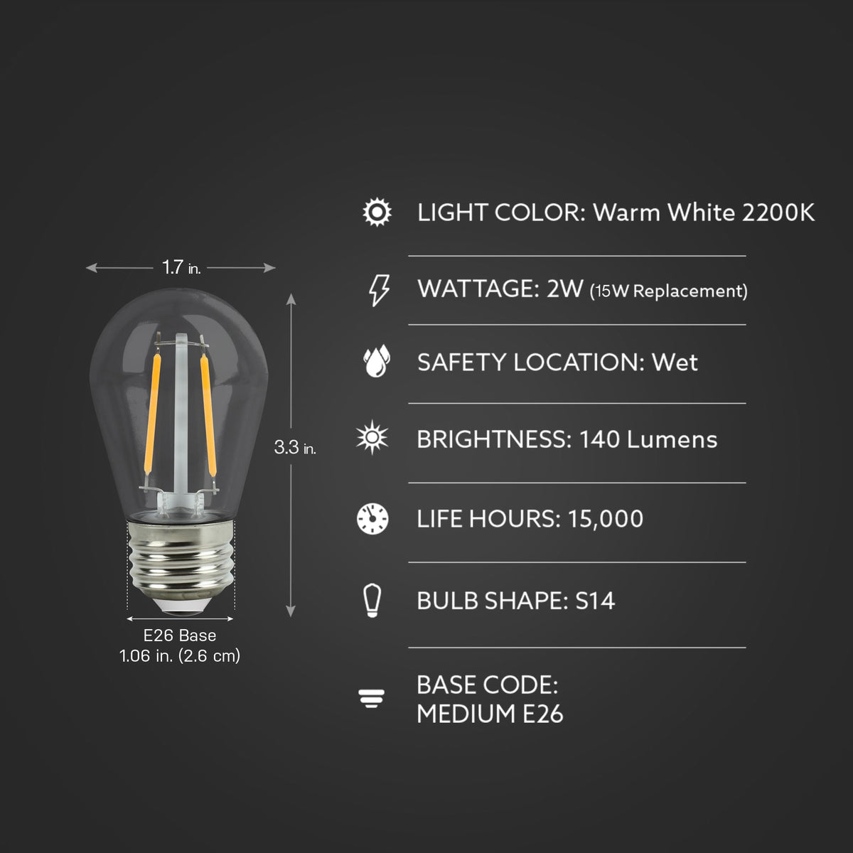 Feit Electric S14 LED filament bulb emits 2200K warm white for cozy spaces.