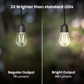 Feit Electric S14 bulb in use on outdoor string lights with clear housing.