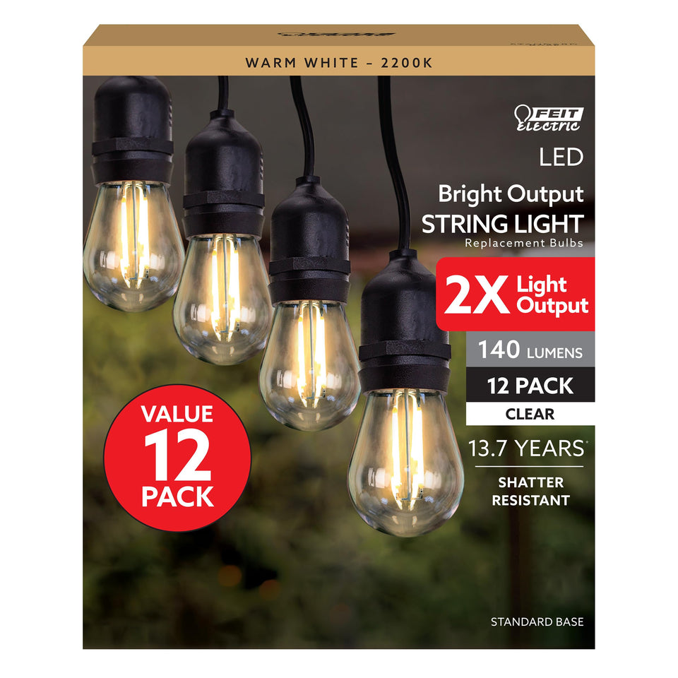 Feit Electric S14 filament bulb with clear housing, ideal for decorative string lights.