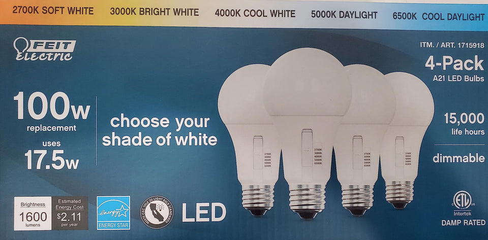 Feit Electric selectable white A21 LED bulb showing five color temperatures for versatile lighting