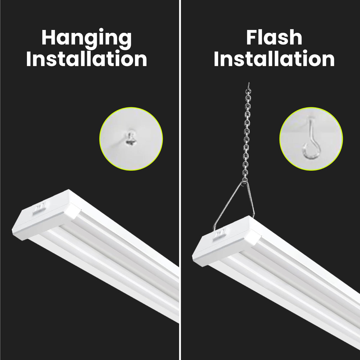 Feit Electric SHOP light hanging from included chains in garage.