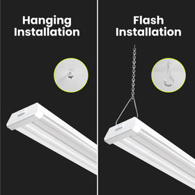 Feit Electric SHOP light hanging from included chains in garage.