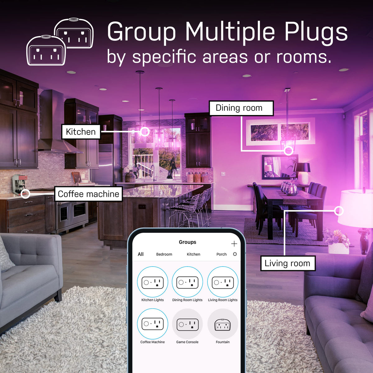 Smart plug with USB ports powering devices while lighting a room.
