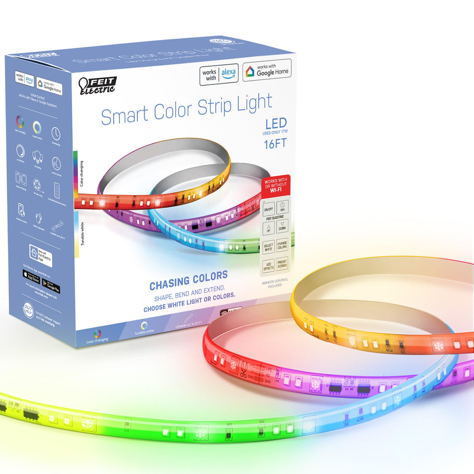 Feit Electric Smart Strip 16ft color-chasing lighting enhances living room ambiance.