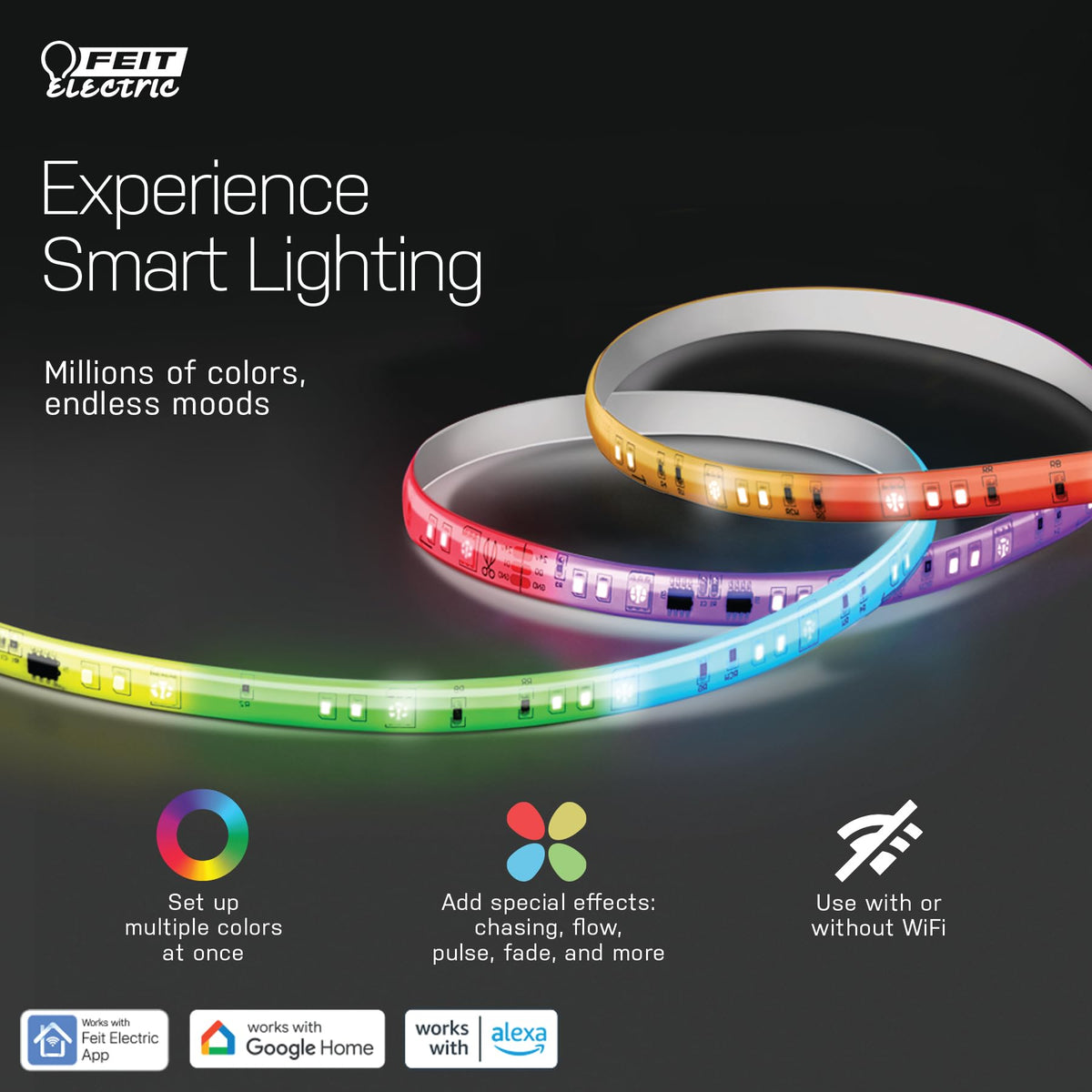 Feit Electric Smart Strip 16ft TV backlight adds a soft color halo.