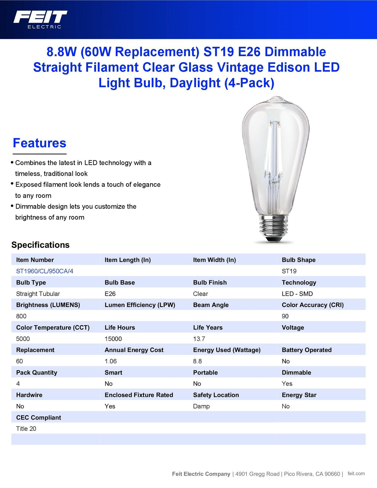 Feit Electric ST19 dimmable LED bulb suited for kitchen and dining areas