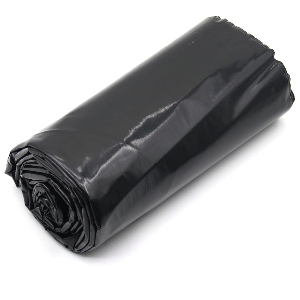 Feitore 4 Mil black plastic sheeting unrolled for weed suppression and garden protection.