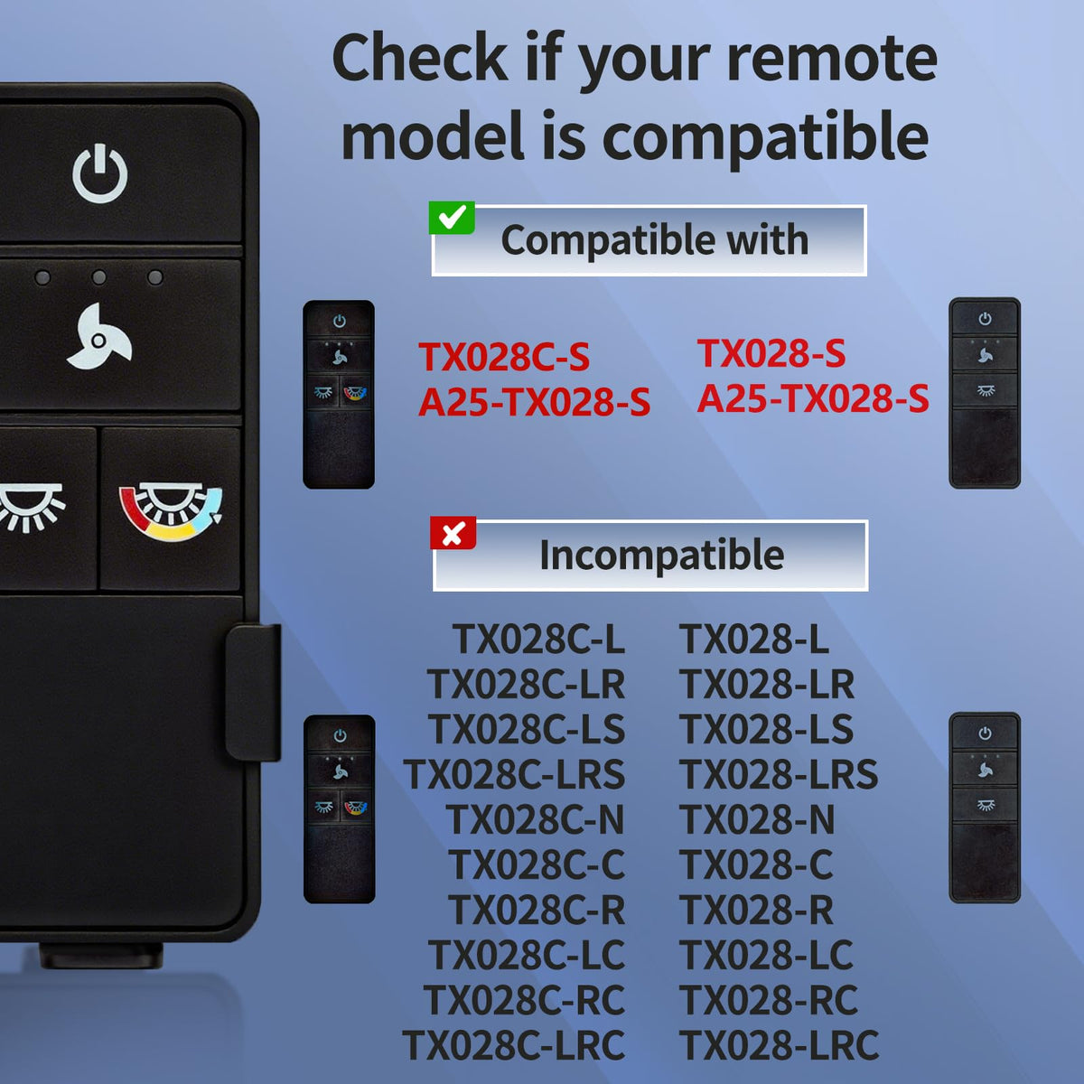 FEKOTS TX028C-S remote dim and speed controls for versatile lighting and airflow.