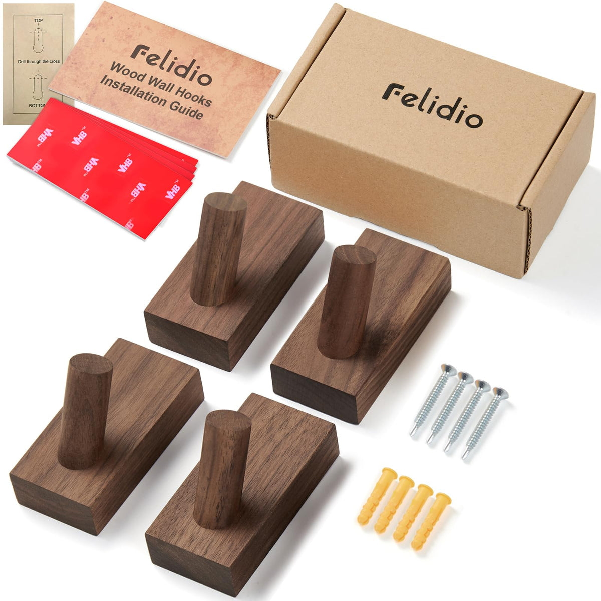 Felidio easy-install packaging includes screws anchors and a template.
