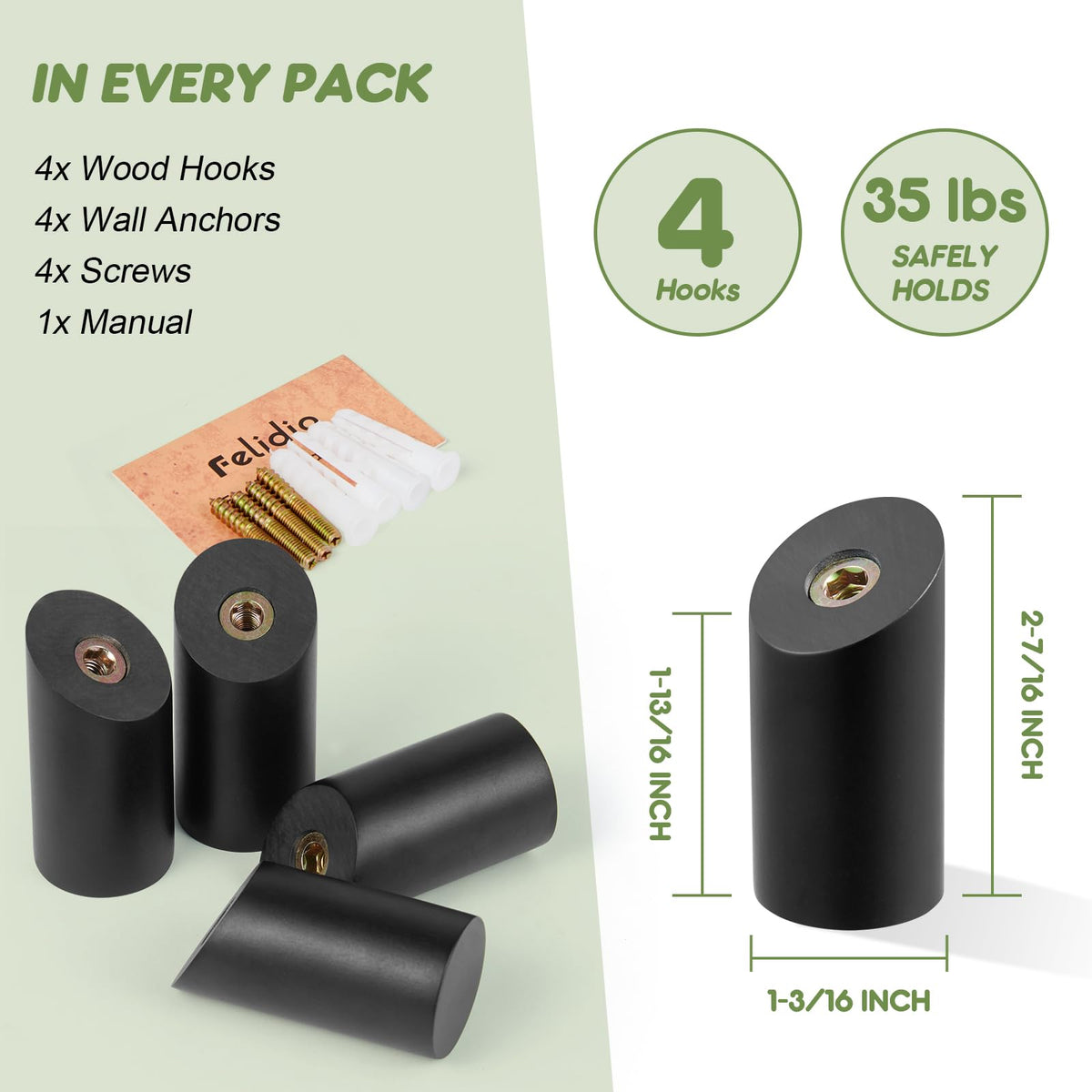 Felidio 4-pack wooden hooks hold coats hats and bags securely