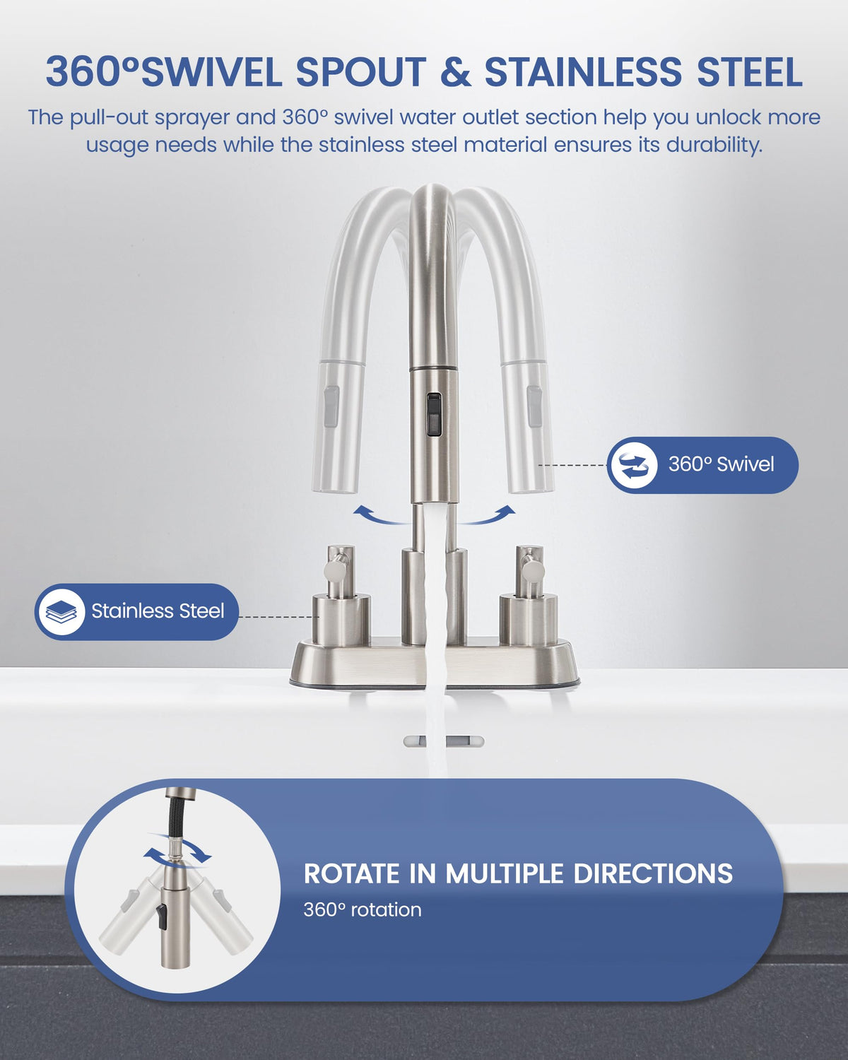 FELIXBATH 360 swivel spout provides versatile reach around the sink.