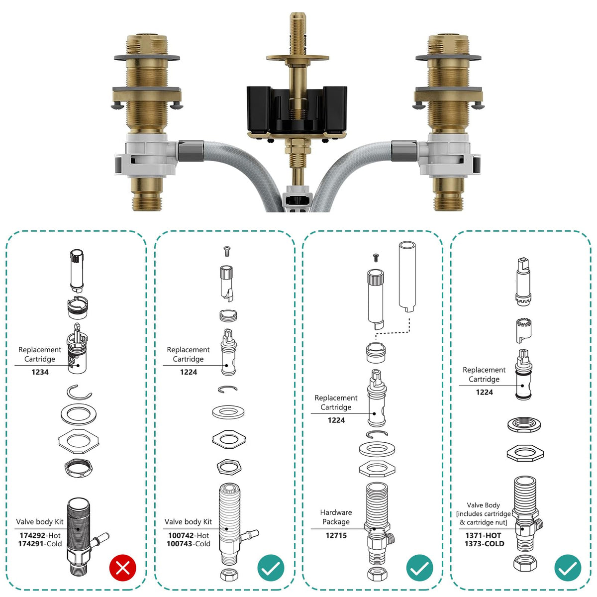 FEMAR compatibility diagram showing Moen two-handle faucet fit.