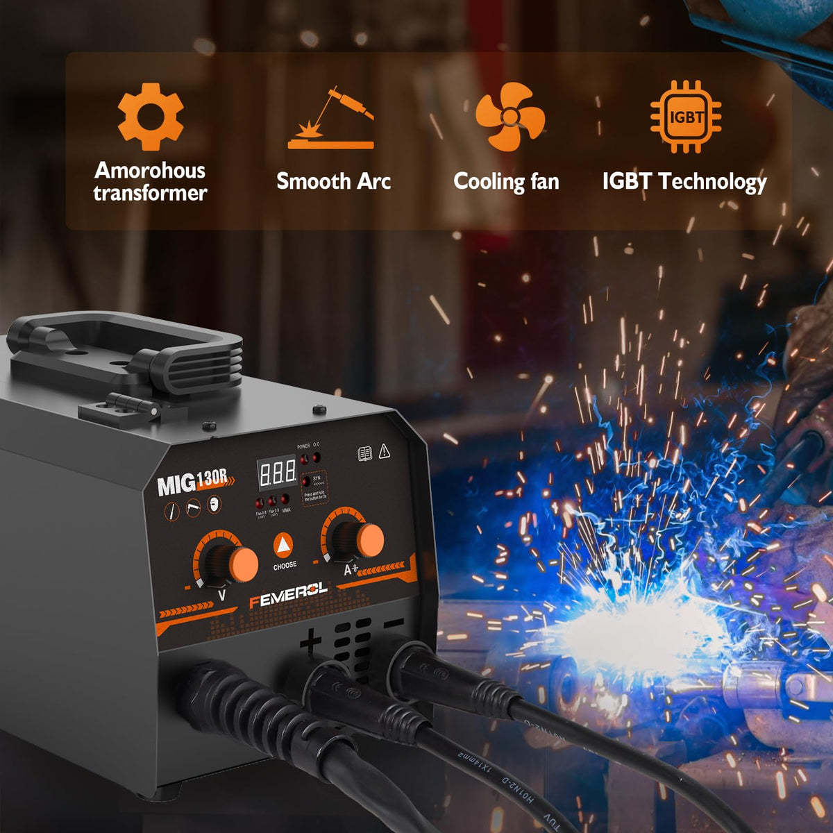 FEMEROL MIG Welder synergy control panel enabling auto wire-feed matching for beginners.