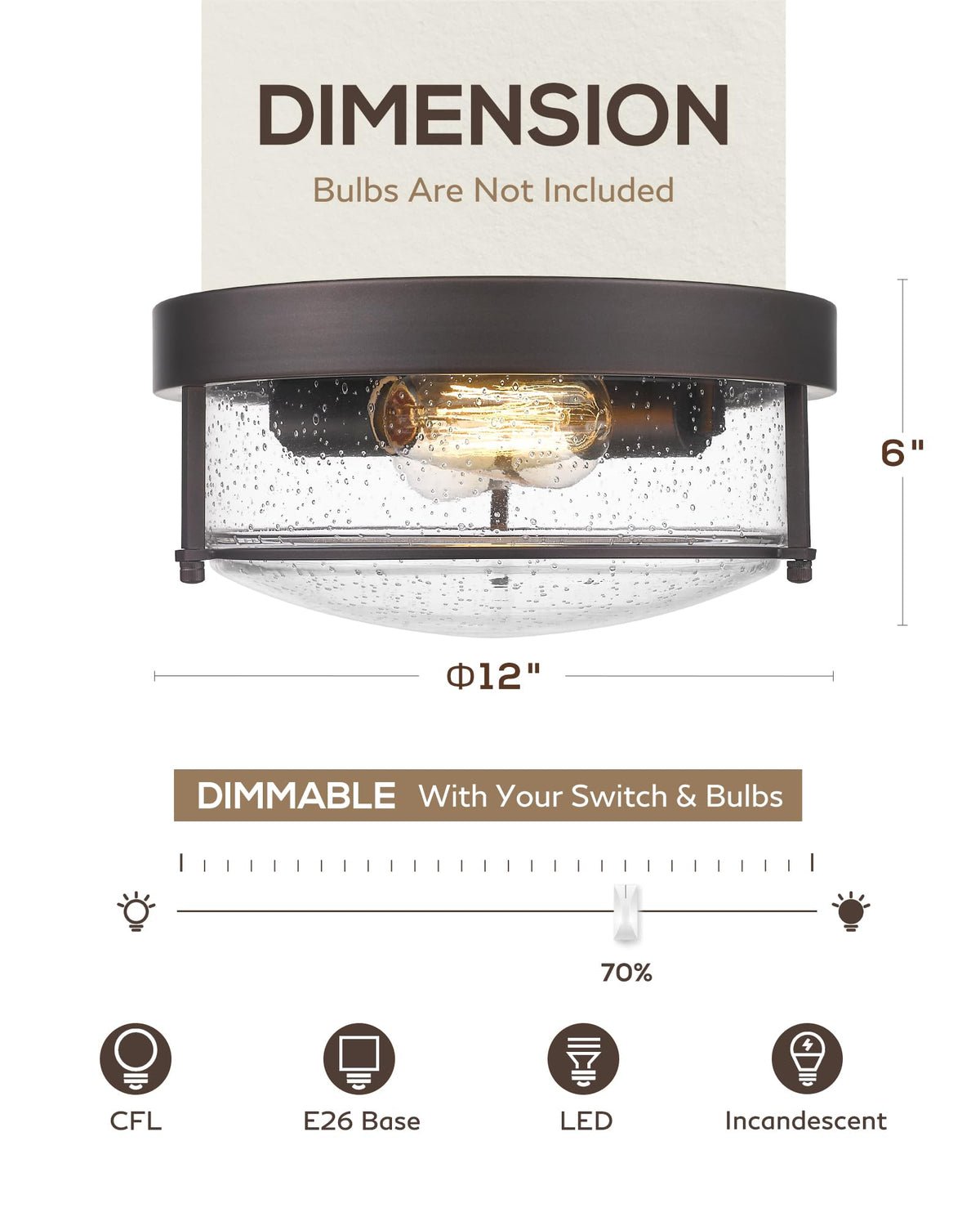 E26 bulb compatibility up to 60W with LED, CFL, or incandescent bulbs.