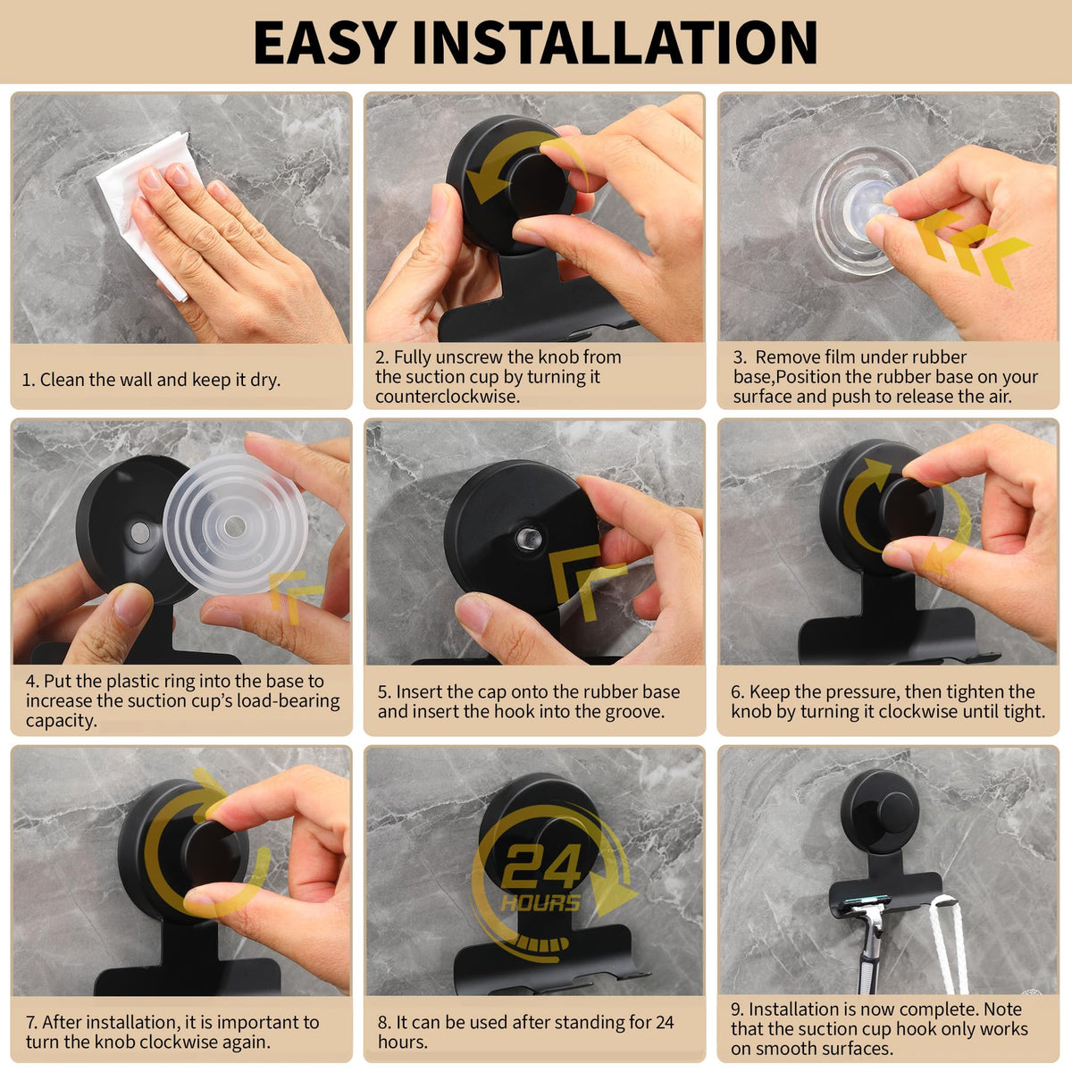 Fenas removable suction cups leave no residue on glass or tile when moved.