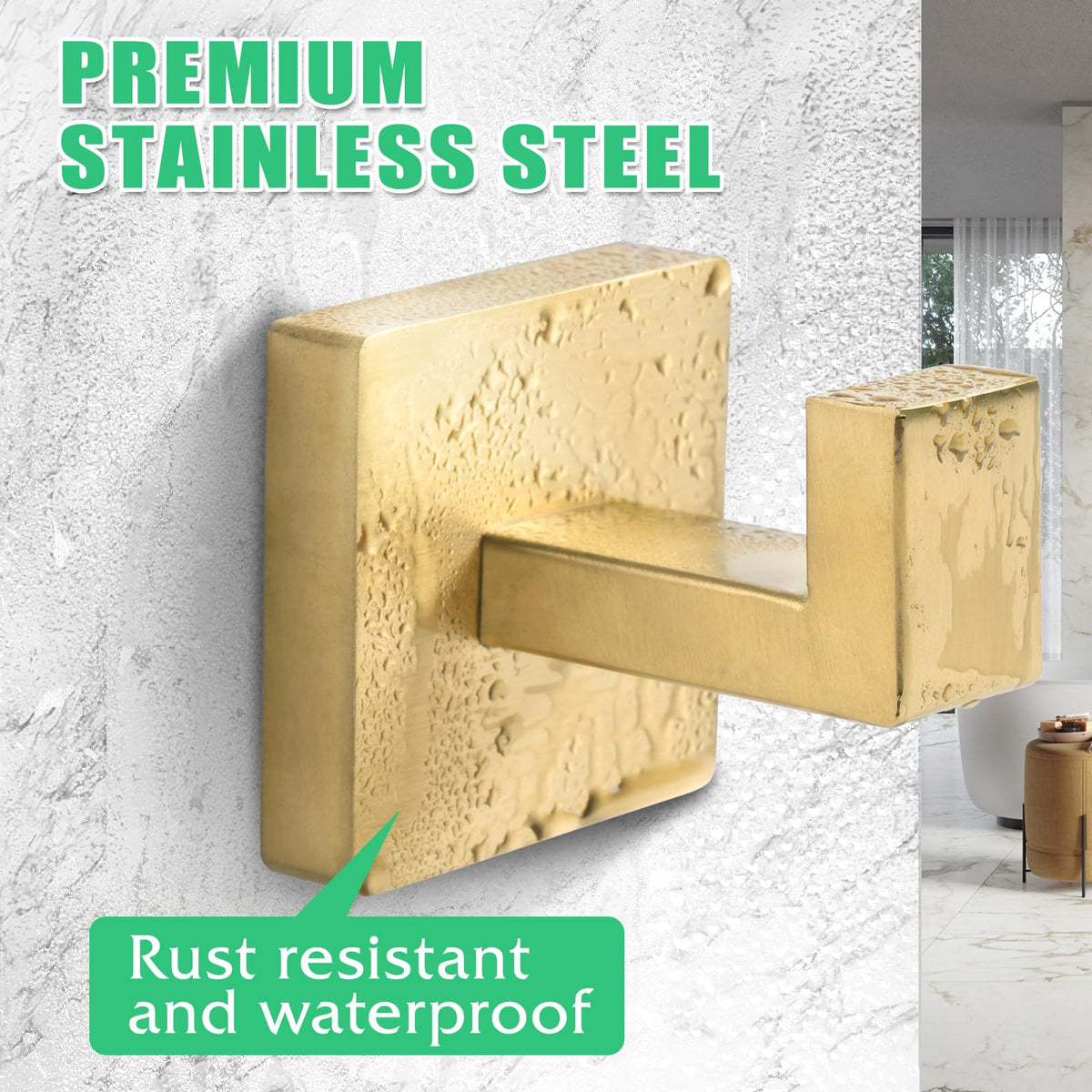 Fenas square robe hook in brushed gold for towels and robes in a bedroom
