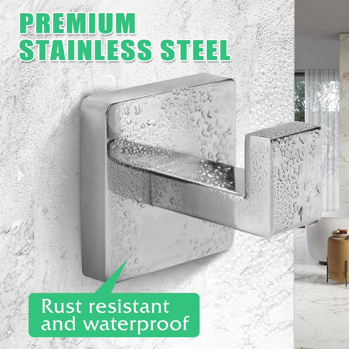 Fenas stainless steel towel hook close-up highlights chrome polished edge.
