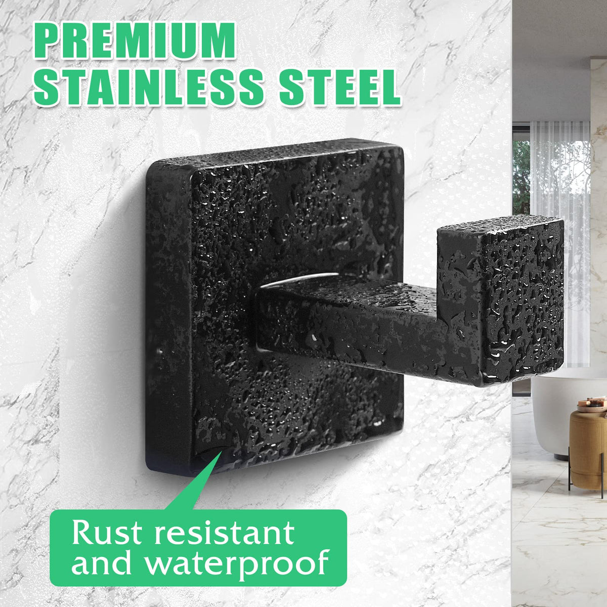 Fenas stainless steel towel hook close-up shows rust-free finish and smooth edges.