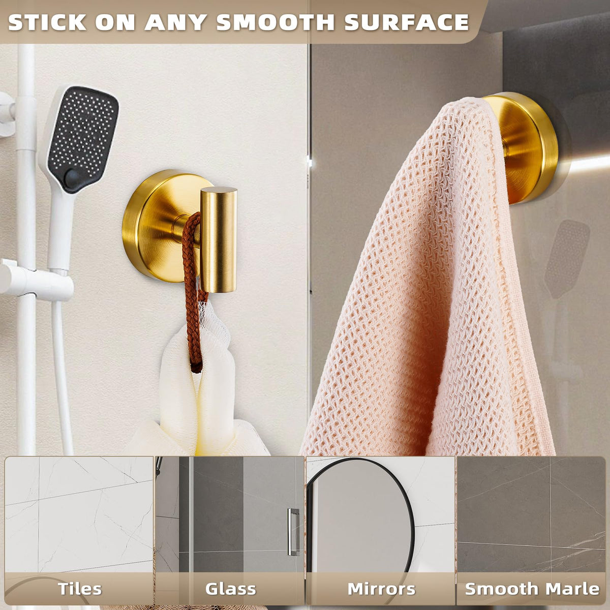 Brushed gold Fenas hook being installed on a smooth tile surface