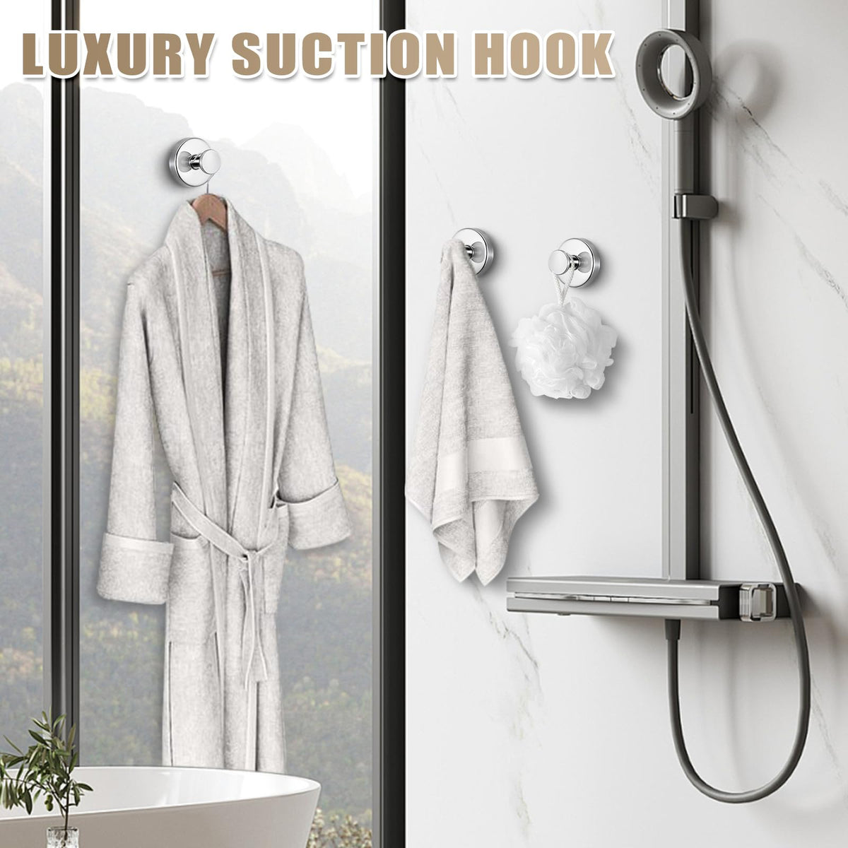 Fenas suction hook on bathroom tile showing easy removal without residue.