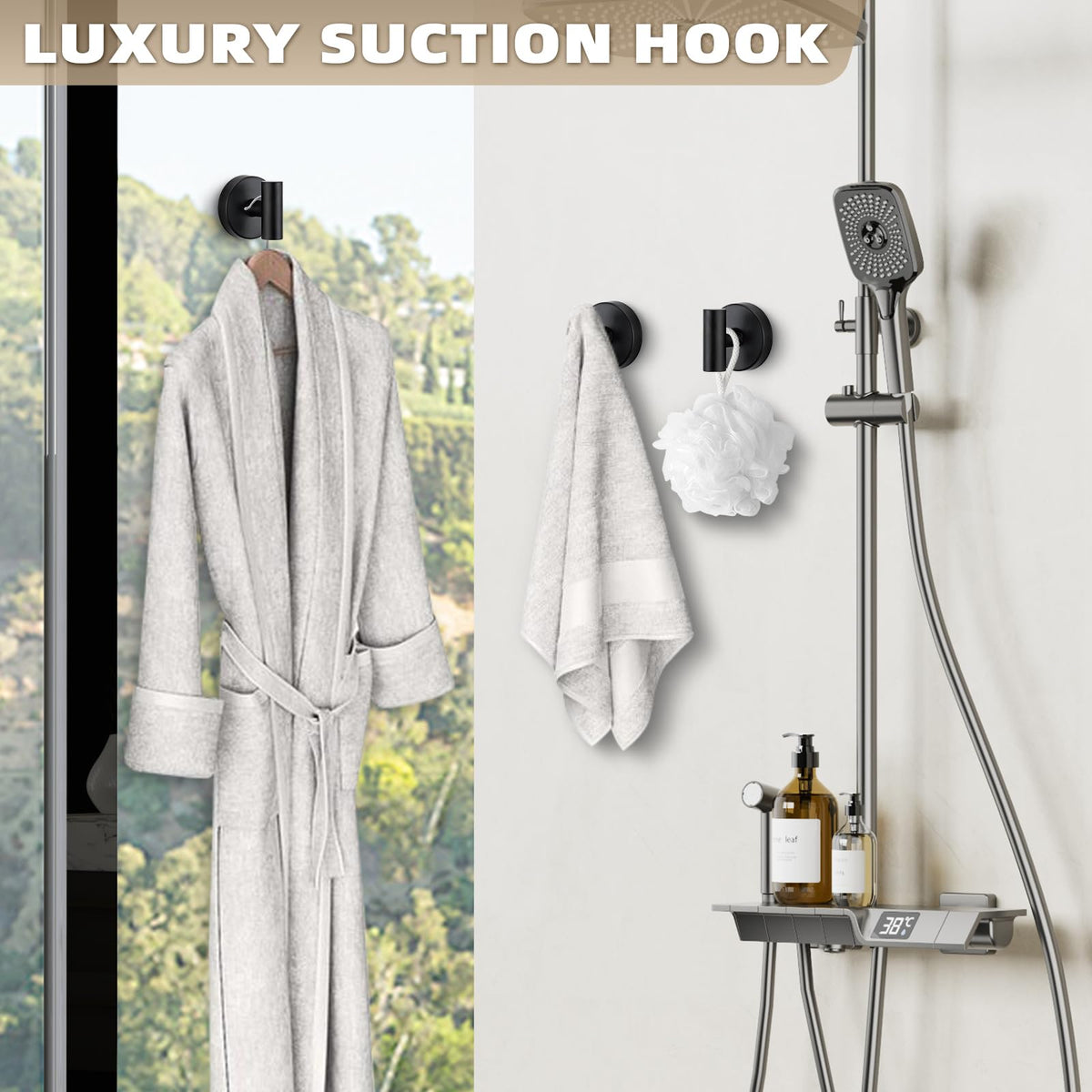 Fenas hook on tile surface for versatile bathroom organization