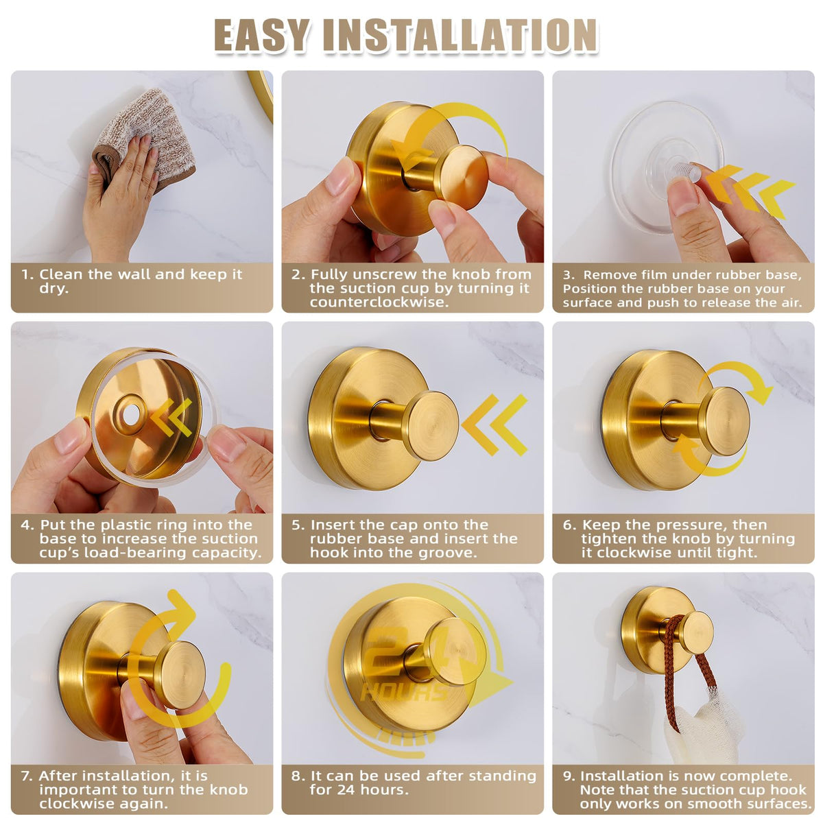 Fenas brushed gold mirror hook on non-porous surface resisting moisture
