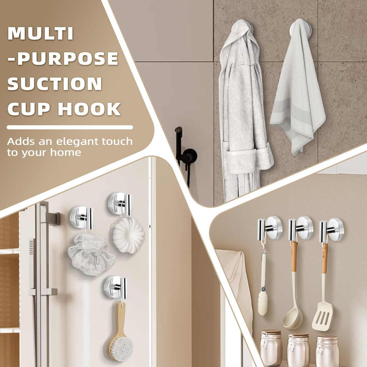 Fenas chrome polished hooks mounted on tile wall for robes and loofah.