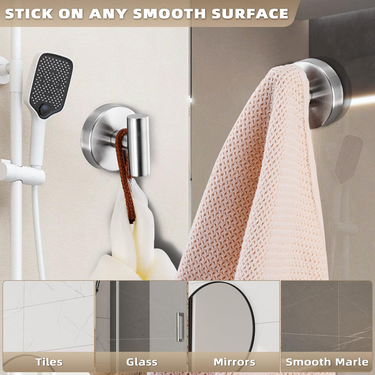 Towels and robe hung on tile wall using Fenas suction hooks