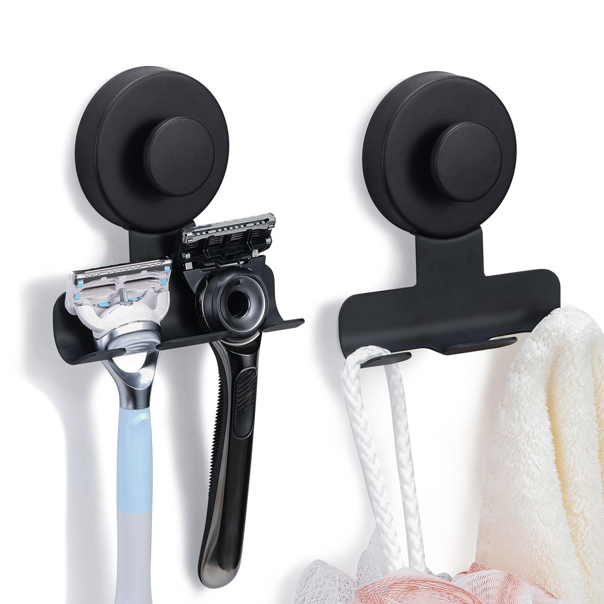 Fenas suction cup razor holder in matte black mounted on tile wall holds razors securely.
