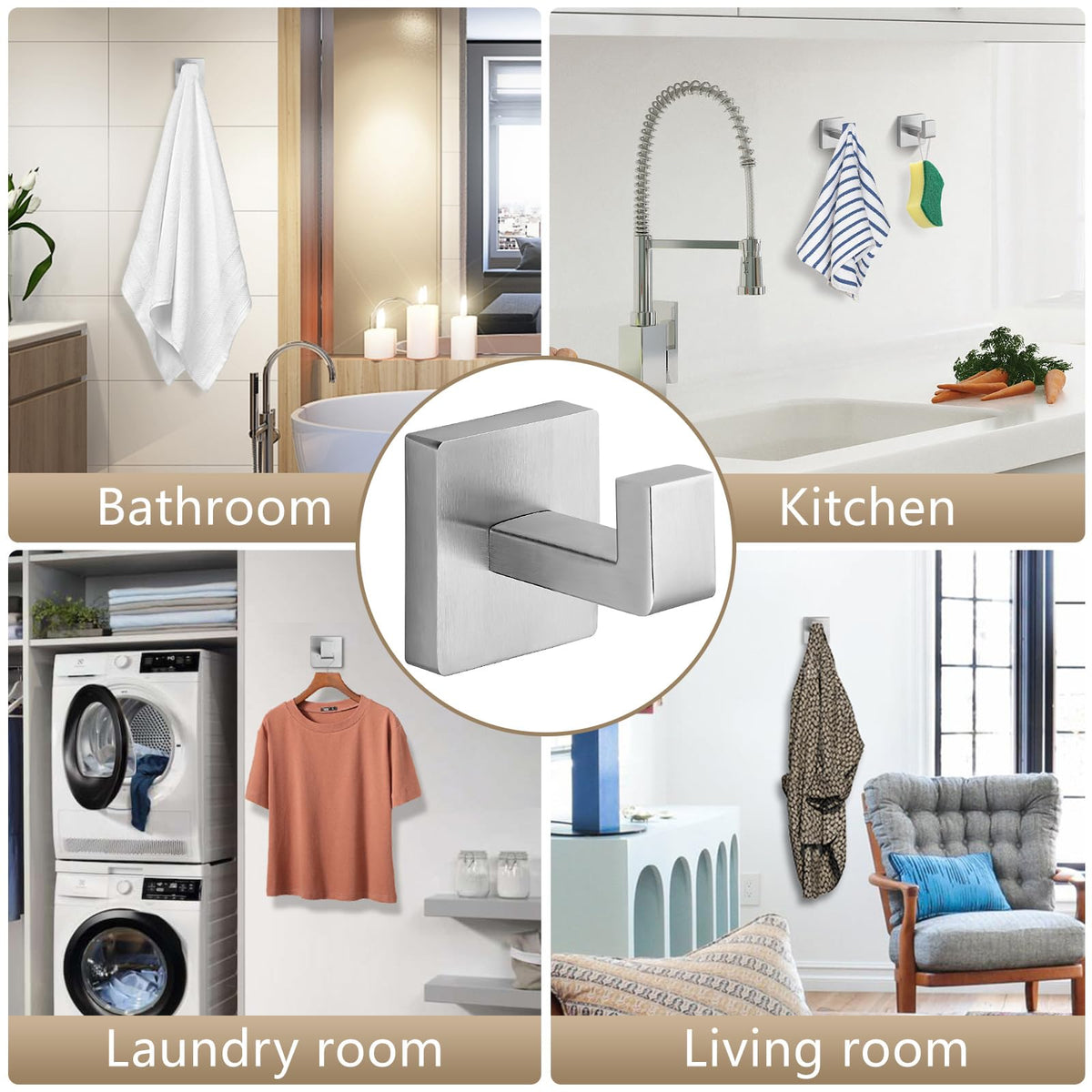 Fenas wide application holds towels, coats, bags in bathroom or laundry spaces.