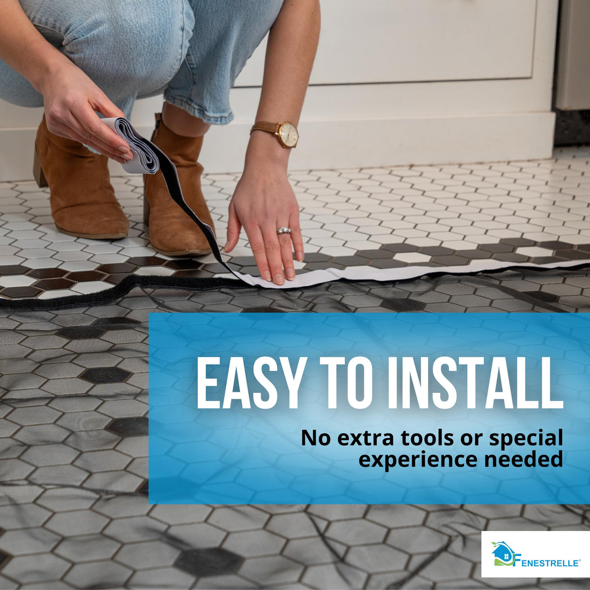Fenestrelle tool-free installation uses hook-and-loop tape for quick setup