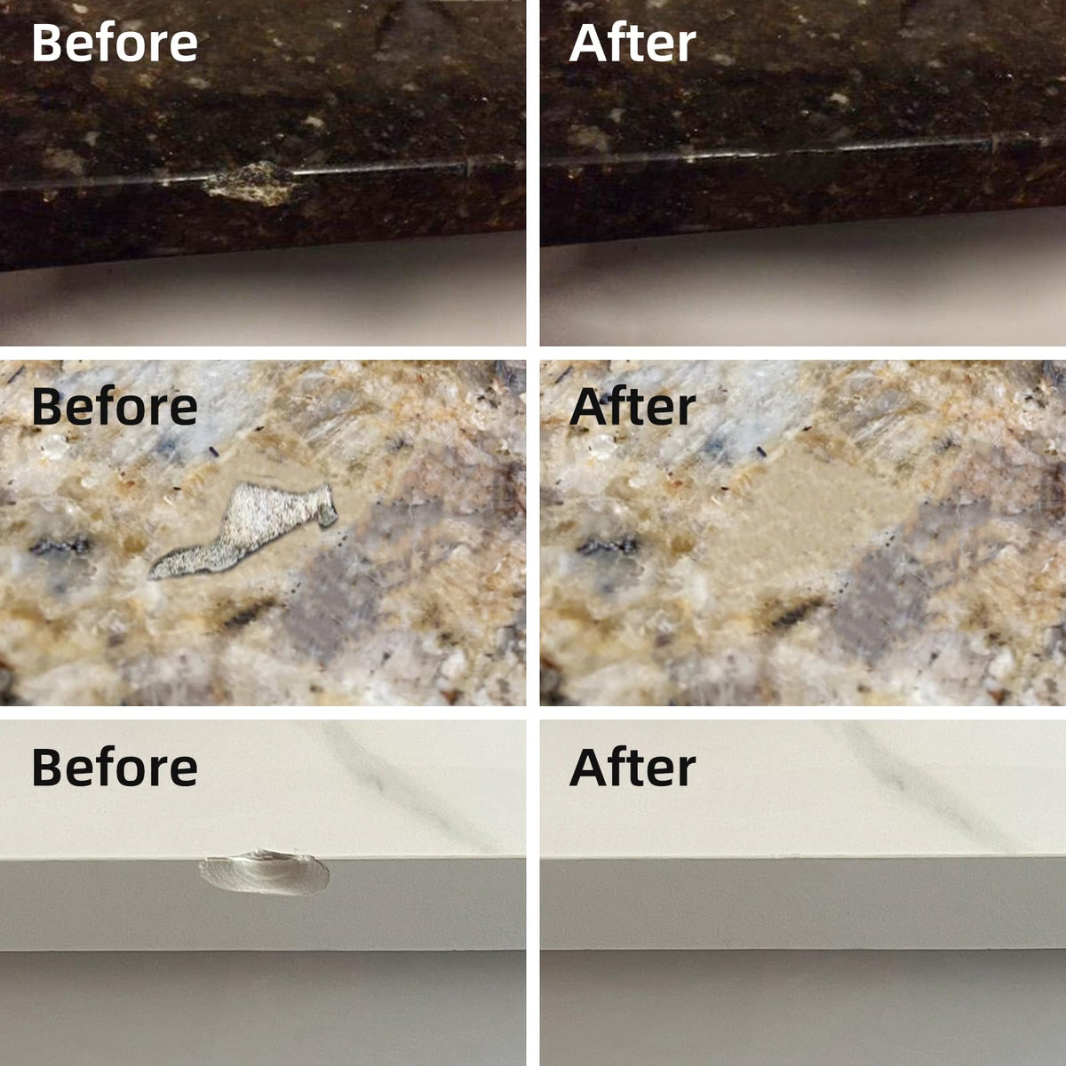 Applying repair compound to a chipped granite edge with the FENFANDAS kit.