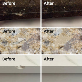 Applying repair compound to a chipped granite edge with the FENFANDAS kit.