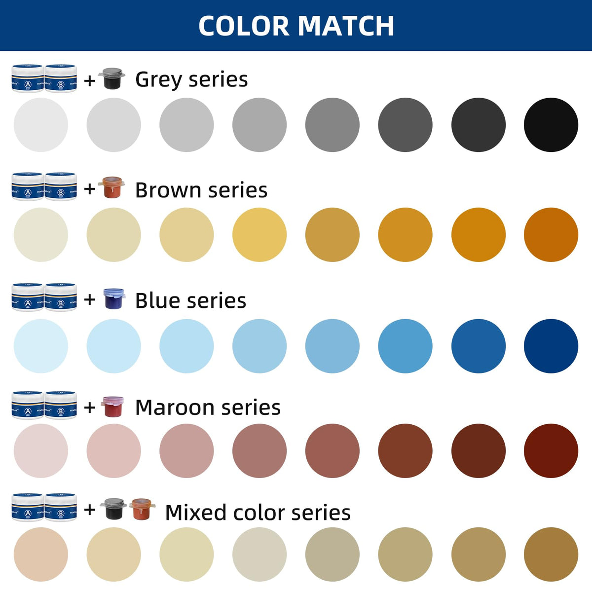 Color gels in multiple shades for FENFANDAS repair kit to match natural stone tones.
