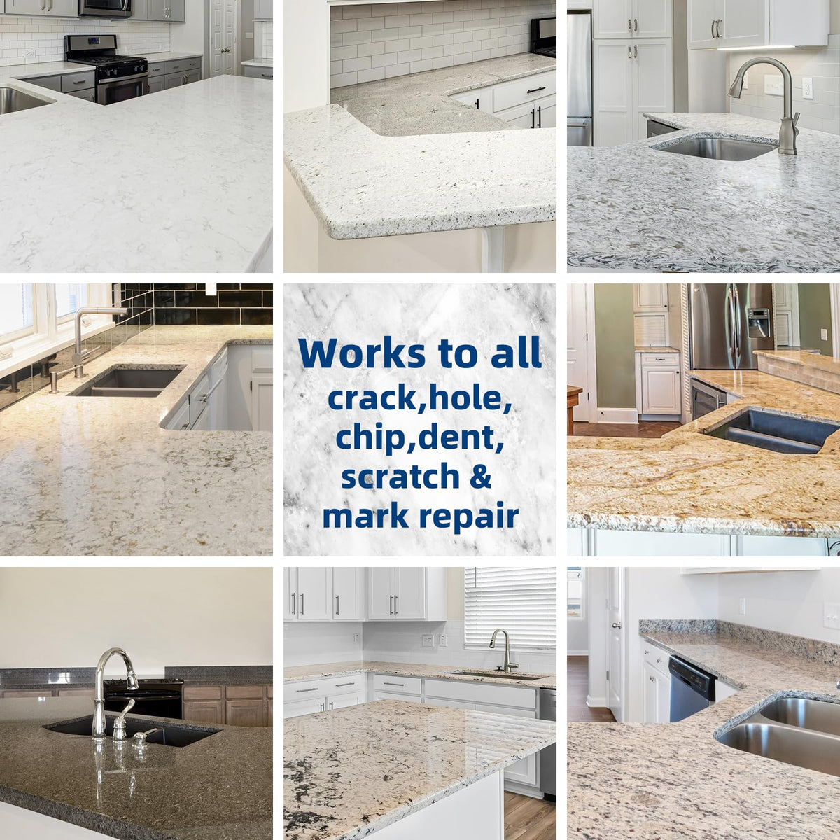 Finished repair on a quartz surface using the FENFANDAS kit, seamless blend.