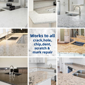Finished repair on a quartz surface using the FENFANDAS kit, seamless blend.