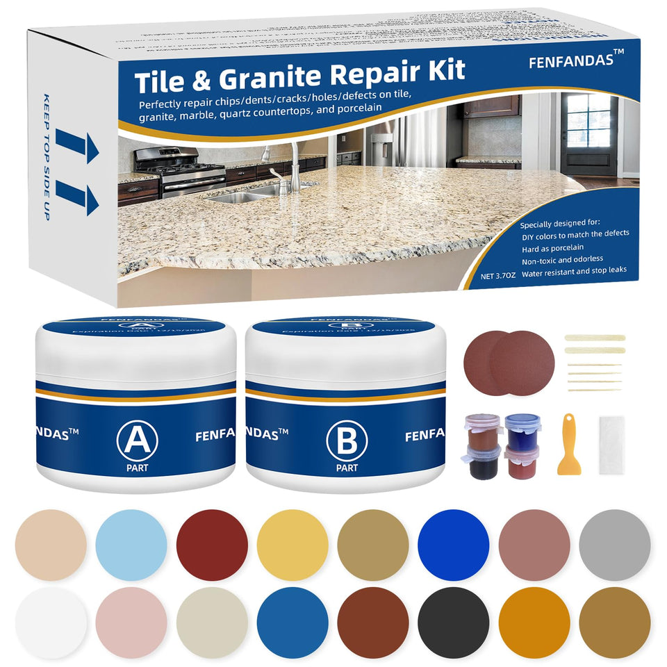 FENFANDAS repair kit box with color gels for seamless tile and granite restoration.