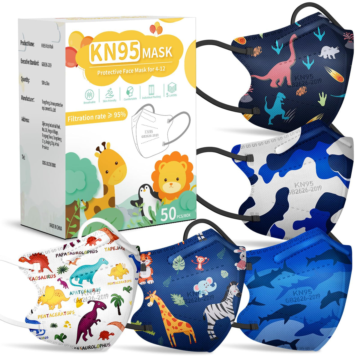Fenfen Kids KN95 mask with dinosaur pattern, offering kid-friendly protection and style.