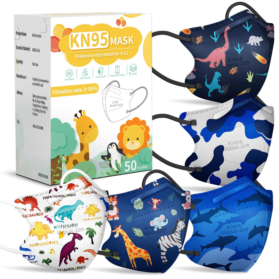 Fenfen Kids KN95 mask with dinosaur pattern, offering kid-friendly protection and style.